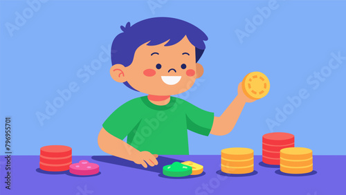 A child is seen playing with a handful of colorful plastic tokens representing the introduction of alternative currencies in the form of tokens
