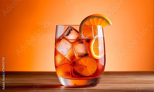 Orange Aperol cocktail with ice cubes and orange slices in a glass. Indoors in a photo studio on a table