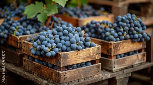 Wooden Crates Filled With Blue Grapes