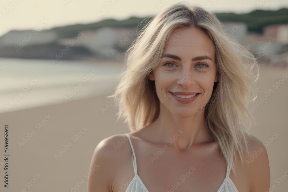 Close-up portrait of a beautiful happy blonde woman with long hair on the seashore. Summer tropical mood.