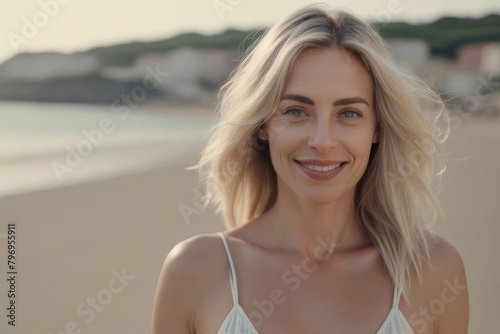 Obraz na płótnie Close-up portrait of a beautiful happy blonde woman with long hair on the seashore. Summer tropical mood. w salonie