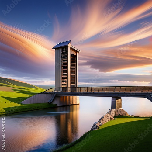 an enchanting image of a bascule bridge extending over a peaceful river, set against a backdrop of lush pastures