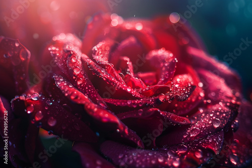 A close-up shot of a crimson rose covered in morning dew.