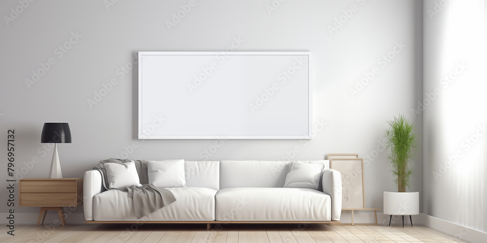 Fototapeta premium Vertical wood frame mockup in living room interior with window light shadow. 3d rendering, 3d illustration