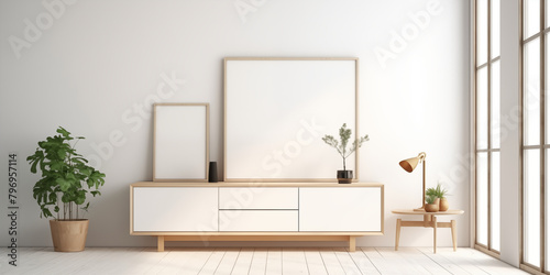 Vertical wood frame mockup in living room interior with window light shadow. 3d rendering  3d illustration