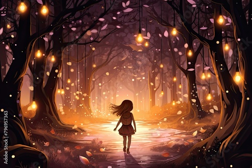little girl walk in magical forest illustration