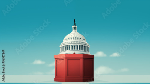 Capitol Dome on Red Podium against Sky Blue Background. Generative AI
