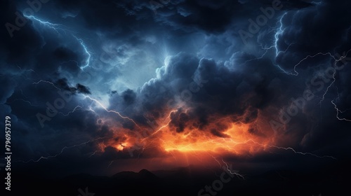 Bright lightning strike in a thunderstorm at night.
