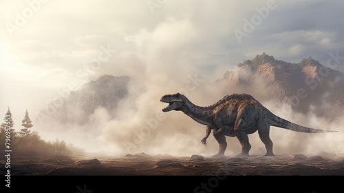 Dinosaur stands in foggy land with smoking volcano in prehistoric environment. Photorealistic.