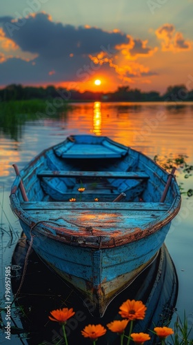 Blue Boat Resting on Water © olegganko
