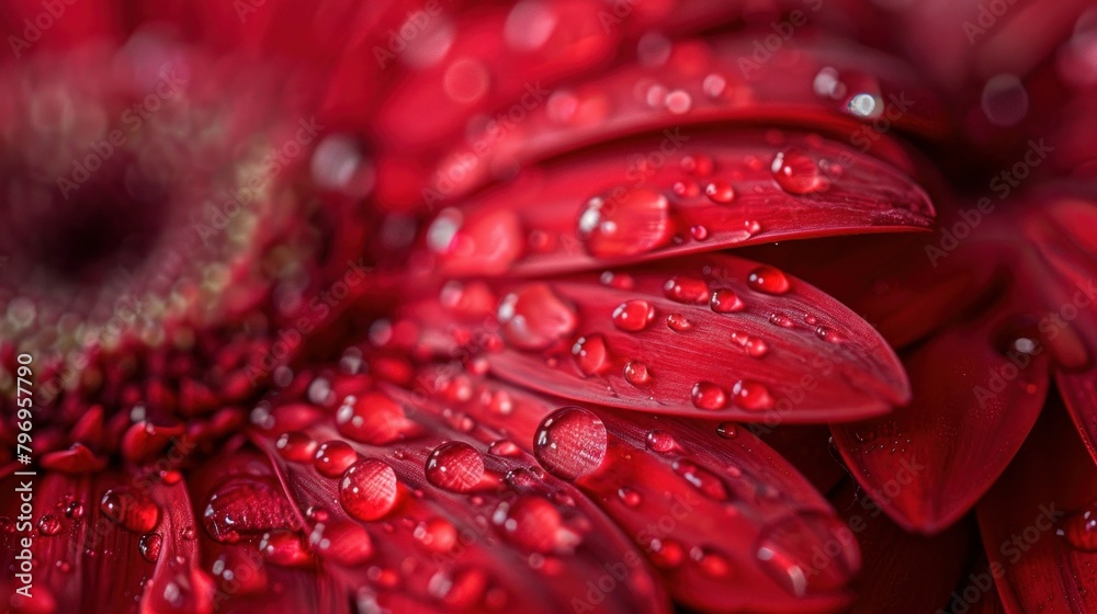 A macro image of a red Gerbera daisy, detailed with sparkling water droplets on its petals