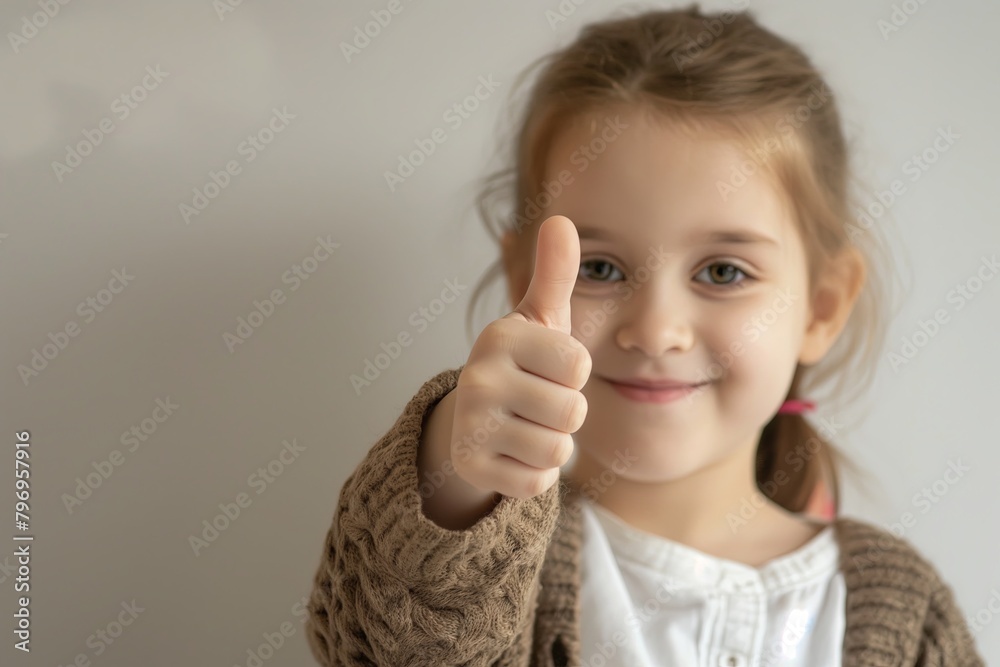 A girl is smiling and giving a thumbs up. She is wearing a white shirt and a brown sweater A girl is smiling and giving a thumbs up. She is wearing a white shirt and a brown sweater