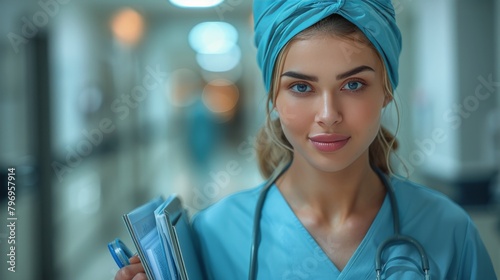 Woman in Scrubs and Stethoscope in Hospital Hallway