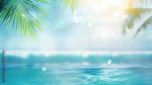 A serene and beautiful seascape with sunlight streaming through the green palm leaves.