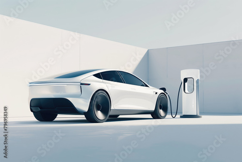 Clean Mobility Concept: White Electric Vehicle at Sleek Charging Station © ERiK