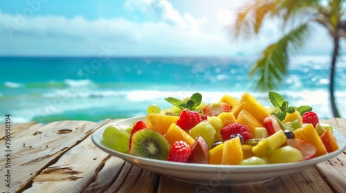 A colorful bowl of fresh fruit salad placed on wooden planks, with a blurred background of the sea