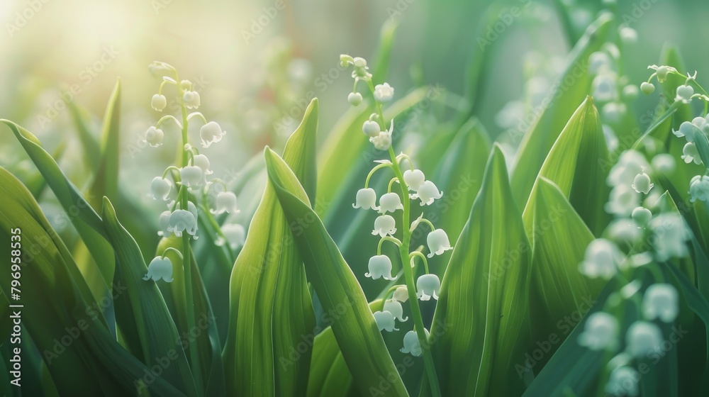 Obraz premium A natural background featuring the delicate blooms of lily of the valley flowers, showcasing their pristine white blossoms