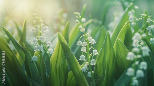 A natural background featuring the delicate blooms of lily of the valley flowers, showcasing their pristine white blossoms