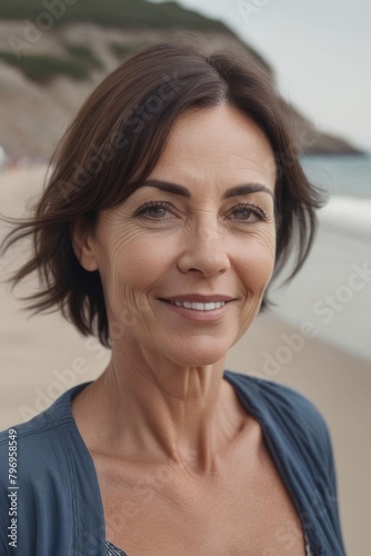 Obraz na płótnie Portrait of a happy brunette woman 40 years old on the seashore. An attractive, healthy, older woman who leads an active life. w salonie