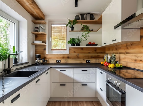 Modern kitchen interior with white cabinets black countertop and wooden accents on the wall natural light from window wide angle shot stock photo style