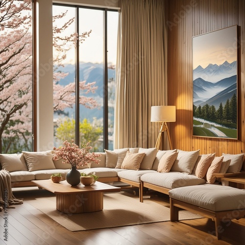 the charm of a sunlit modern luxury room, where a wooden table, sofa, couches and painting on walls, surrounded by elegant windows that provide a scenic view. © Attaullah