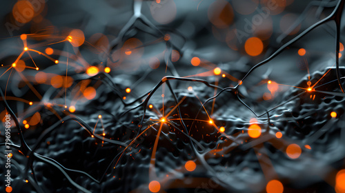 3D render of black and orange neural network. macro photography