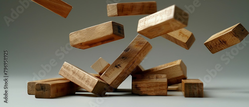 A wooden block tower is being knocked down, with the blocks scattered in mid-air