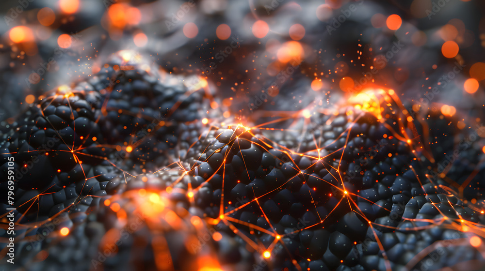 3D render of black and orange neural network. macro photography 3D render of black and orange neural network. macro photography