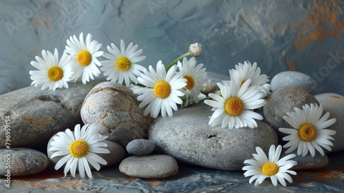 A serene still life arrangement of white chamomile flowers resting on smooth pebbles