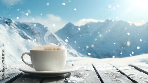 Close-up view of a cup of coffee on table in a snowy winter in wild.