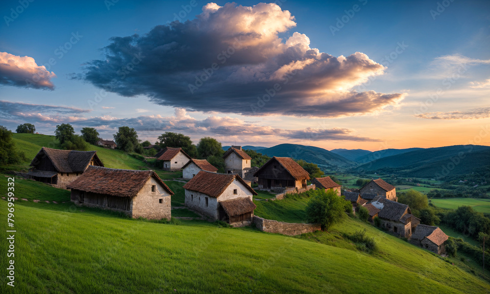 Panoramic top view of an old small abandoned ruined village on the hills with thatched roof huts at sunset with clouds in the sky Panoramic top view of an old small abandoned ruined village on the hills with thatched roof huts at sunset with clouds in the sky