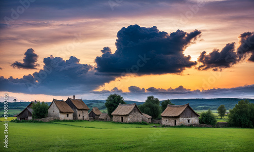 Panoramic top view of an old small abandoned ruined village on the hills with thatched roof huts at sunset with clouds in the sky