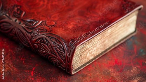 A closeup of a handcrafted leatherbound journal, its rich texture set against a strikingly vibrant red leather background photo