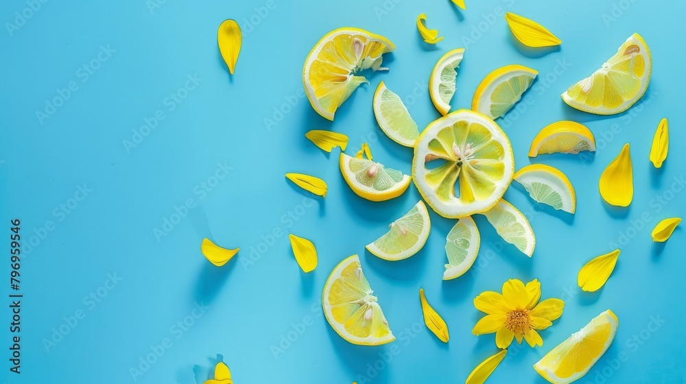 Creative illustration of a sun composed of lemon slices and yellow flower petals against a bright blue background