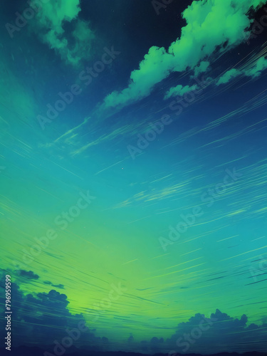 Hypnotic sky and clouds with electric blue and neon green gradient color and grunge texture.