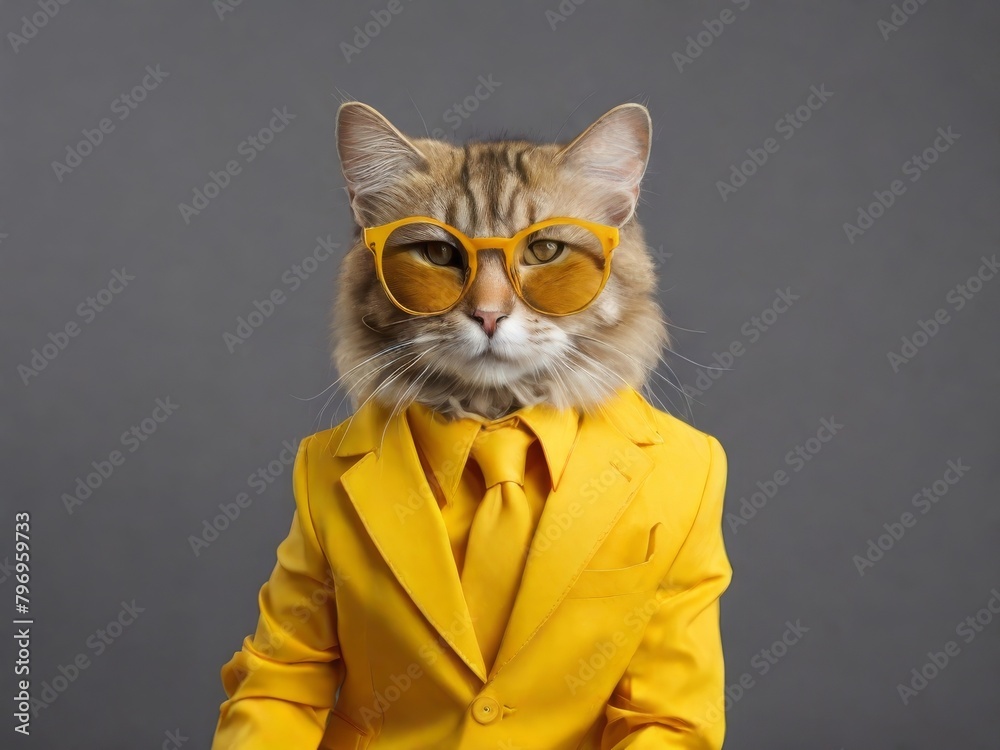 Business cat in a yellow suit and glasses on a gray background
