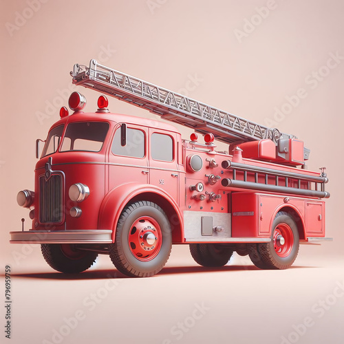 A 3D illustration showcases a vintage red fire truck against a vibrant pink background  evoking nostalgia and charm in a whimsical scene.