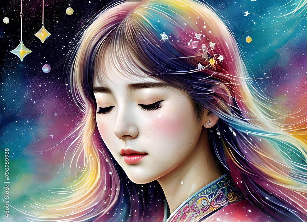 Girl with closed eyes, fantasy fairy tale bright colors dream, generative ai