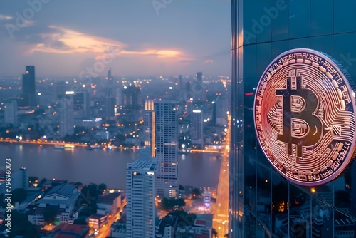 Bitcoin symbol prominently featured in city skyline at dusk representing the future influence of cryptocurrency. Concept Cryptocurrency, Technology, Urban Landscape, Financial Future, City Skyline