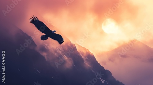 A bald eagle flying in sky at sunrise in wild.