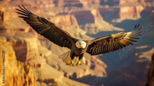 A bald eagle flying in sky in wild in Grand Canyon.