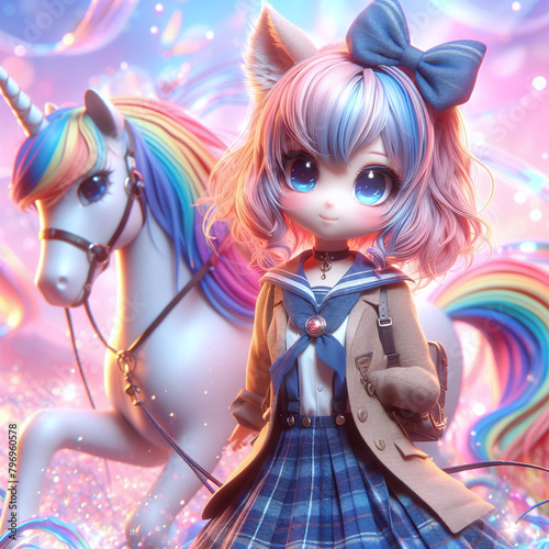 Fantasy illustration featuring a cute anime-style girl with cat ears and a unicorn with rainbow mane against a dreamy, colorful background. © Tim Bird
