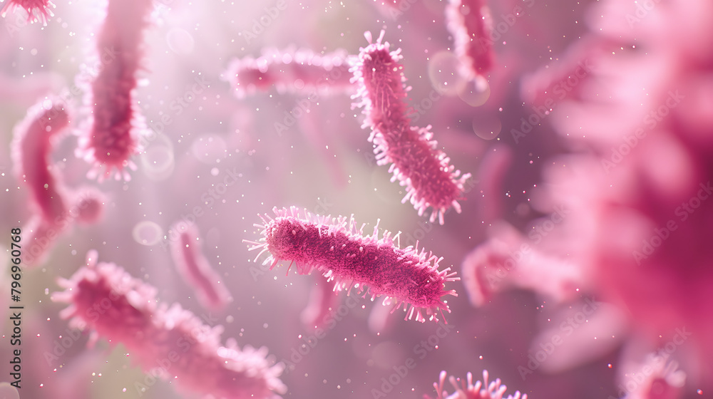 3D rendering of bacteria in pink color flying around each other. The background is blurred with a light rose gradient. giving the whole scene an elegant appearance. 
