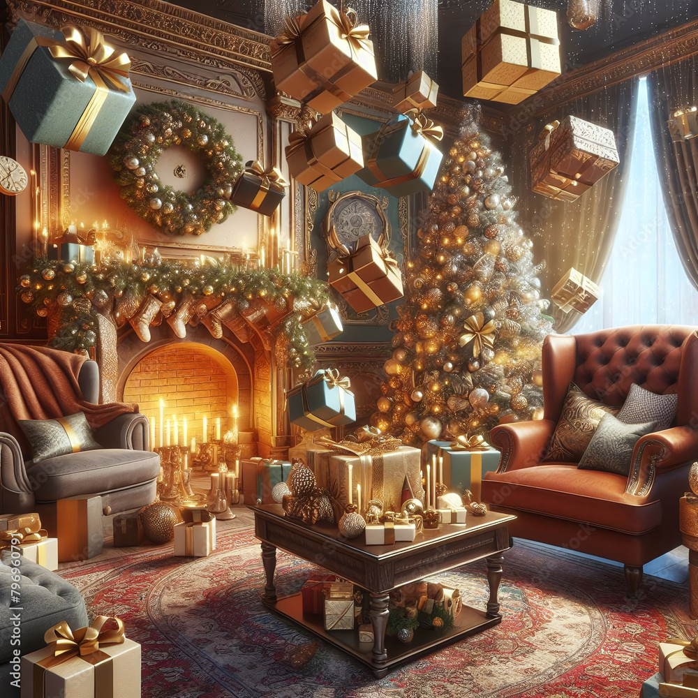 Festive interior featuring a cozy Christmas setting with a decorated tree, gifts, and warm fireplace, evoking holiday cheer and comfort.