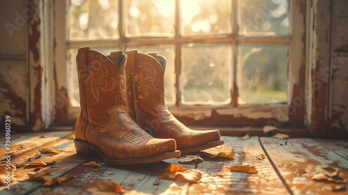 Worn and Textured Leather Boots on Wooden Floor, generative ai