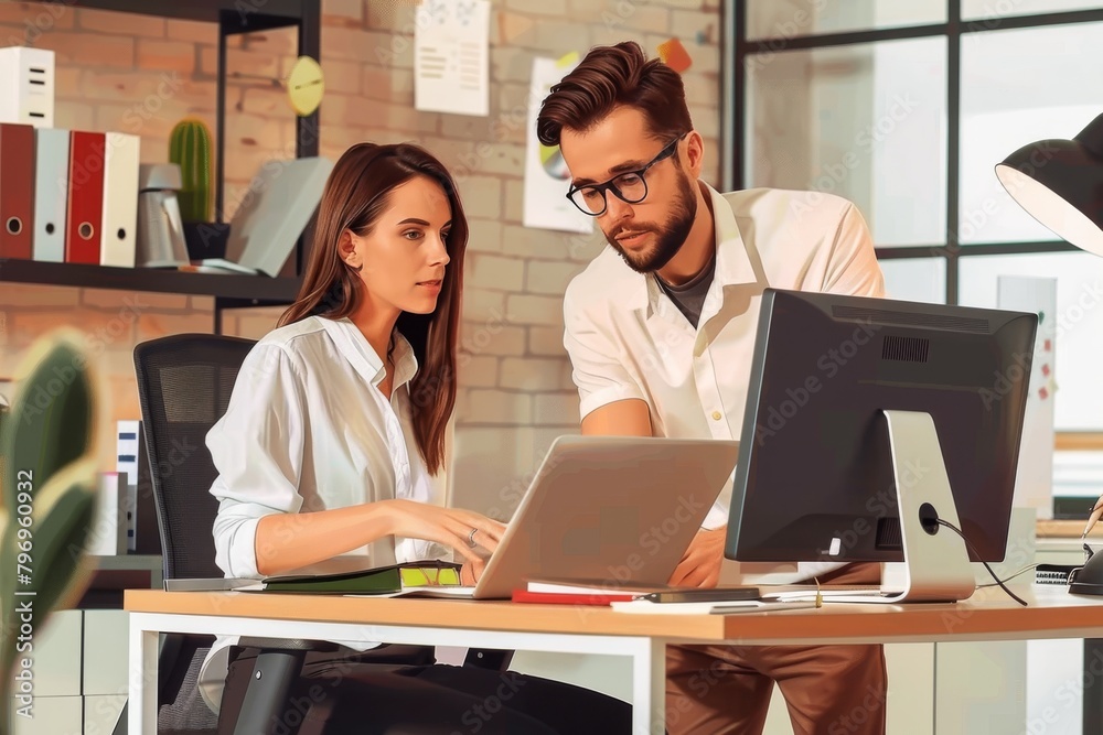 Young business couple engaged in strategic planning at an urban office setting by evening light Young business couple engaged in strategic planning at an urban office setting by evening light