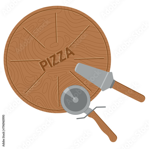 Empty round pizza board Pizza knife and spatula Flat Style