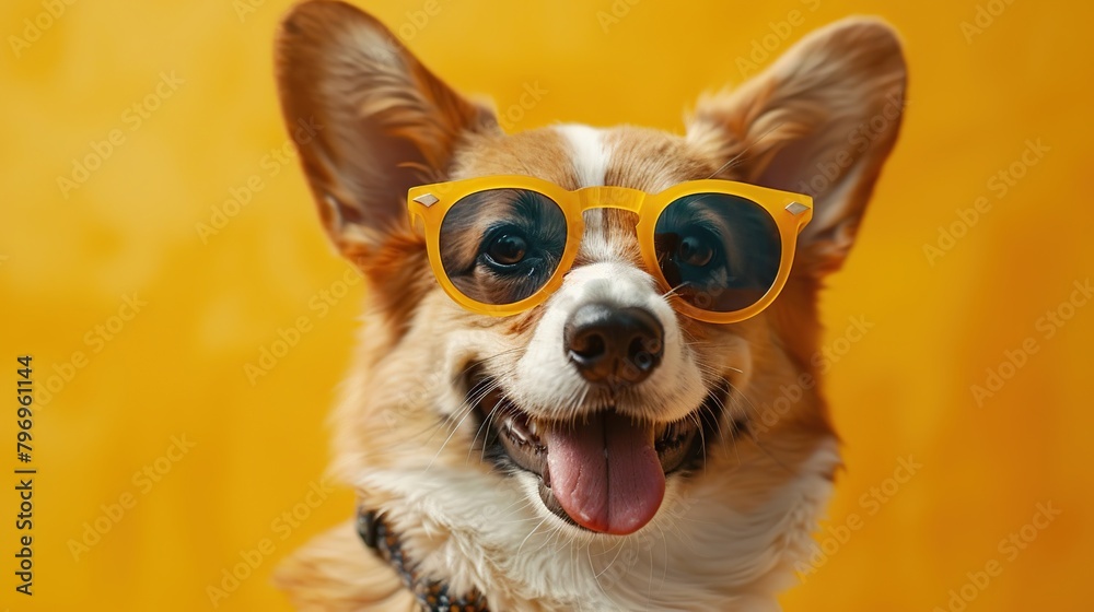 A portrait of an adorable cheerful dog wearing glasses.