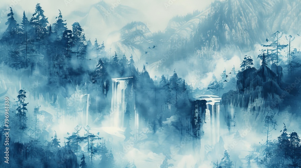 A mystical blue landscape depicting a serene forest waterfall in a traditional oriental ink painting style.

