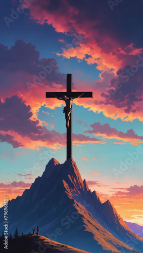 Layers of mountain peaks with the silhouette of a crucifix atop each, set against a colorful evening sky.